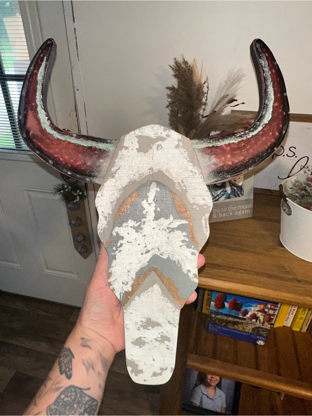 Rustic Bull Skull Wall Accent - Distressed White, Gray & Rust